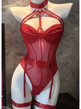 Red Strappy Sheer Bodysuit with Garter Detail